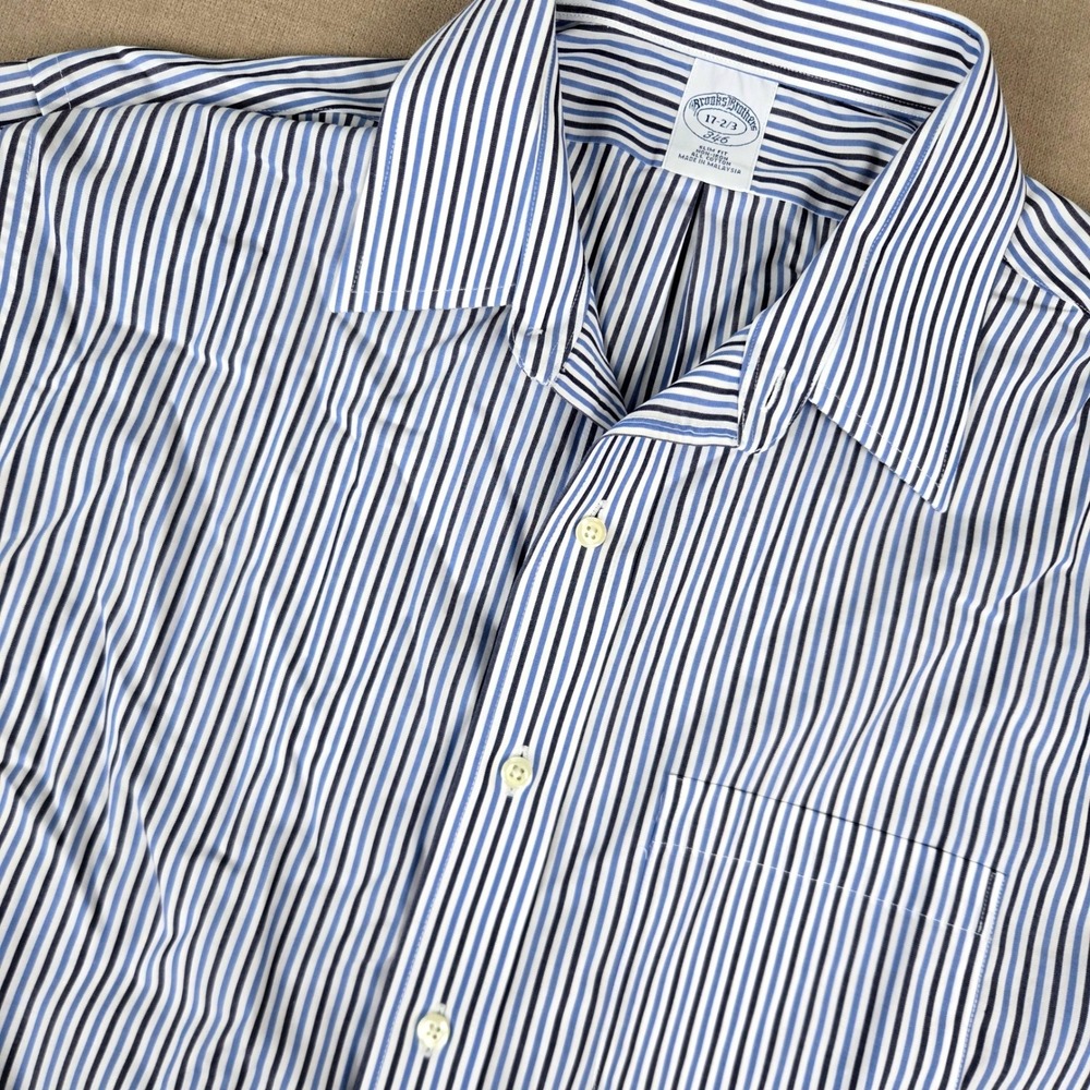 Brooks Brothers 346 Slim Fit Non-Iron Dress Shirt Blue White Stripe 17 32/33